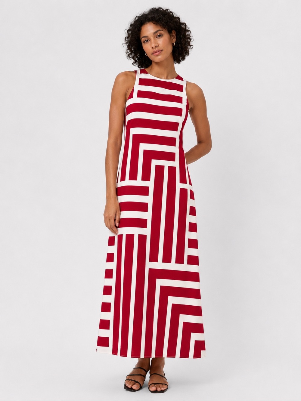 Donna Morgan Geometric Stripe Maxi Dress Sleeveless A-Line Red Cream 12 NEW